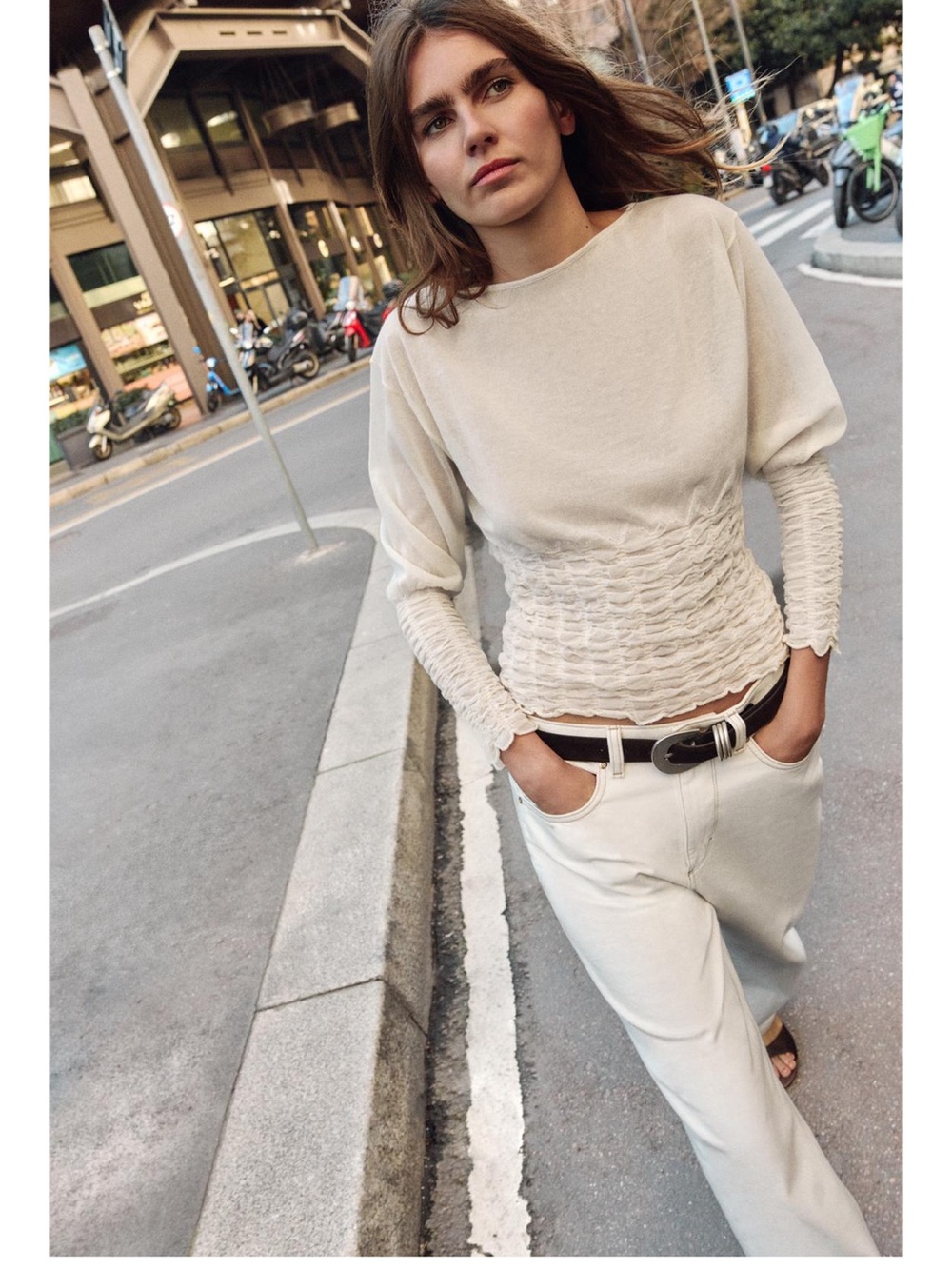 Zara Ecru Textured Waist Smocked Long-Sleeve Top